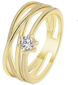 Tolldek 14K 585 Gelbgold Freundschaftsringe Echt, Verlobungsring Solitär Klassiker mit Moissanit Rundschliff Weiß, Au585 Gold Trauringe, Gr.62 (19.7)