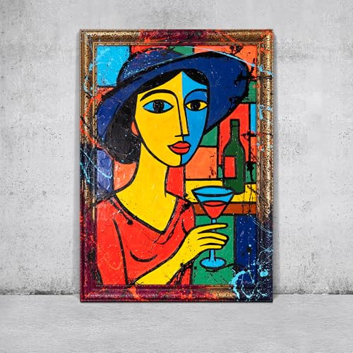 YS-Art Dipinto Acrilico Originale Fatto a Mano Ritratto Cubista Donna