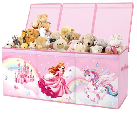 Extra Groß Aufbewahrungsbox, Faltbare Spielzeugkiste mit Deckel&Griff, Oxford spielzeug aufbewahrung für Kinder,Mädchen und Jungen,Spielzeugbox im Kinderzimmer,96×32×40 cm,Prinzessin Einhorn