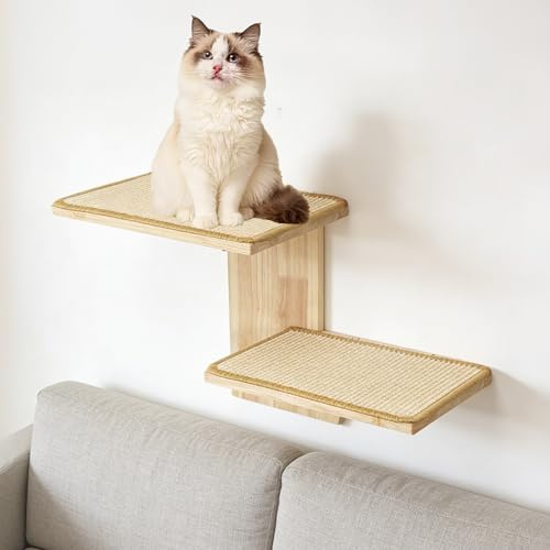 Kletterwand Katze, Wand Kratzbaum mit 2 Plattformen und Sisalmatten | Katzen Wandelement zum Klettern, platzsparendes Design für Wohnungen, unterstützt Aktivität und bietet Katzen Spaß im Alltag