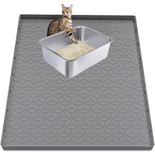Grand Tapis de Litière pour Chat, 86x56cm (34 X 22) en Silicone pour Bac à Litière, Tapis Imperméable avec Bord Surélevé, Protège-Sol Anti-Traces pour Litière de Chat pour Sols Durs, Facile à