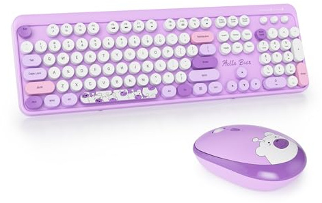 Vumilstek Cute Purple Keyboard and Mouse Wireless, American QWERTY Retro Typewriter 2.4GHz Full Size Round Keycap with Number Pad for Students Home Office PC Laptop(Bear Purple)