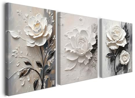 Alptiny Set von 3 Blumen Wandbilder 30x40 cm, Weiße Rose Leinwandbilder mit Rahmen für Wohnzimmer, 3D Effekt Wanddekoration, Mit Aufhängehaken und Nägeln für einfache Montage