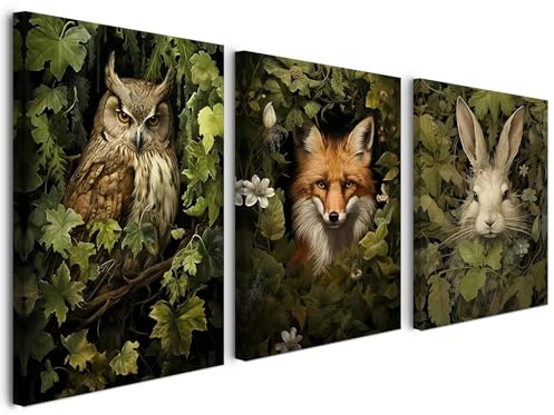 Alptiny Waldtiere Leinwandbilder 3er Set 30x40 cm mit Rahmen – Hase Fuchs Eule Poster für Wohnzimmer & Kinderzimmer, Wandbilder Natur, HD Druck, Ohne Bohren montierbar