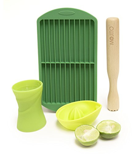 Bar Amigos Mojito Kit Cocktail Set Limetten-Zitruspresse 30/45ml Doppeljigger Stößel aus Eiszerkleinerer Zitronen Stampfer Muddler Silikon Eiswürfelform Für weißen Rum Making Entsafter Jigger Eisform