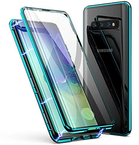 Handyhülle kompatibel mit Samsung Galaxy S10+/S10 Plus Hülle Magnetische Adsorption Metallrahmen 360 Grad Full Body Schutzhülle Vorne hinten Gehärtetes Glas Schutzhülle Einteiliges Case,Grün