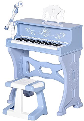 HOMCOM 37 Keys Kids Piano Mini Electronic Keyboard Light Kids Musical Instrument Educational Game Children Grand Piano Toy Set w/Stool & Microphone & Music Stand (Blue)