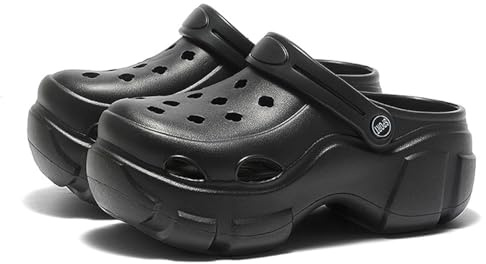 Solaud Platform Clogs for Women Comfort Classic Casual High Heels Thick Soles Non-Slip Soft Lightweight Slip on Slide Outdoor Beach Garden Sandals Black 5/5.5
