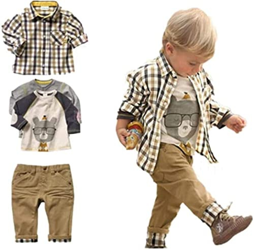 MERCIYD Set di abbigliamento casual per bambini, 3 pezzi, maglietta + camicia a quadri + pantaloni kaki, marrone, 4-5 Jahre