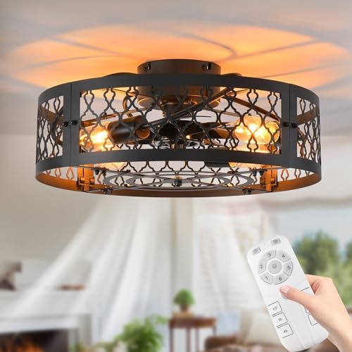 Ganeed Ceiling Fans with Lights Industrial Style Farmhouse Ceiling Fan 50cm Metal Caged Lighting E27 Flush Mount with Remote Control Black 4 Lights