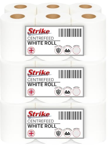 Strike White Centre Feed Roll Embossed 2ply Wiper Paper Towel 50M p/Roll 6 Per Pack Family Disposable Kitchen Rolls Cleaning Household (18 Rolls)