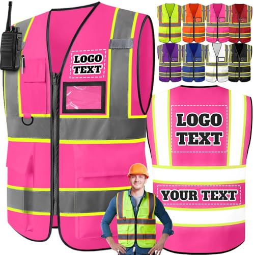 Sicherheitsweste mit Logo nach Maß - Personalisierte reflektierende Warnweste Bedruckt mit Taschen, Reißverschluss & Druck (Foto/Text) - Zweifarben-Design für Damen und Herren auf der Baustelle-Rosa