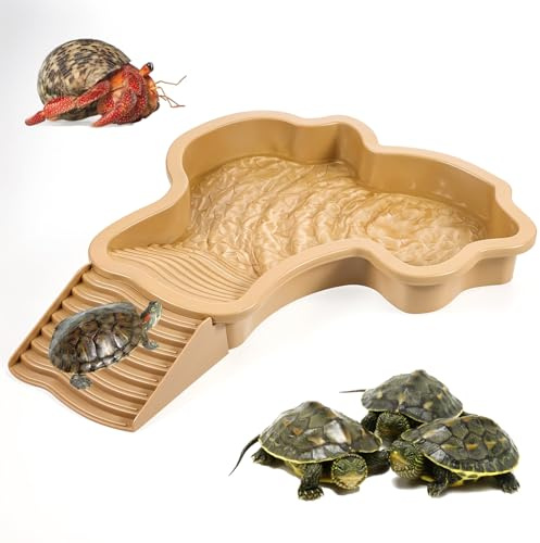 Large Reptile Water Bowl with Ramp, Thickened Non-Slip Feeding Dish & Bathing Pool for Turtle, Snake, Gecko, Bearded Dragons, Lizard Habitat Accessories