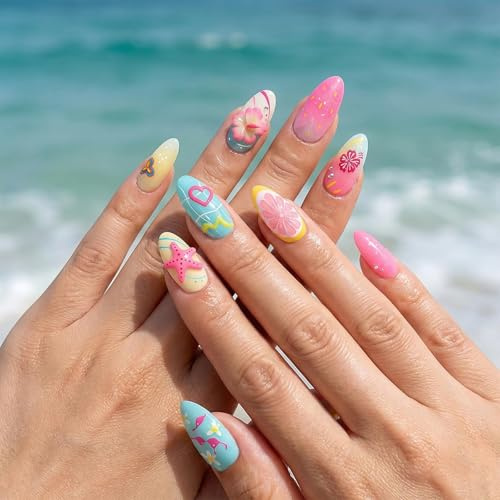 24PCS Long Almond Press On Nails with 3D Tropical Summer Floral Patterns & Glossy Finish - Vibrant Beach Motifs Including Seashells and Starfish for Women, Quick Application False Nails Set