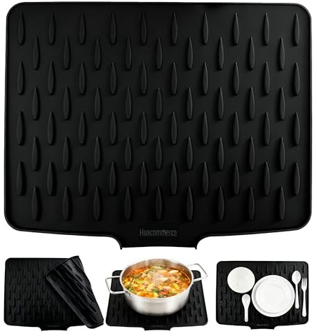 Abtropfmatte für Spüle & Arbeitsplatte, 40x32,5cm. Hitzebeständige, rutschfeste & auslaufsichere Silikon-Matte mit Gefälle-Design.Faltbare geschirr abtropfmatte für Arbeitsplattenschutz (Schwarz)