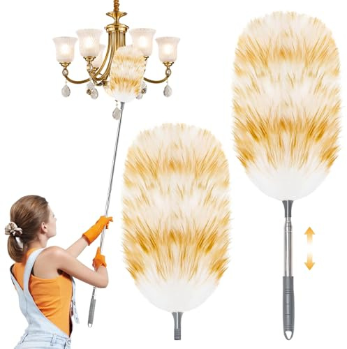 Puasok 2 Stück Staubwedel Teleskop Set, Lammwolle Staubwedel Waschbar, Staubwischer mit 140cm Teleskopstange, Spinnenwebenentferner Duster, für Empfindliche Oberflächen, Decken Entstauben