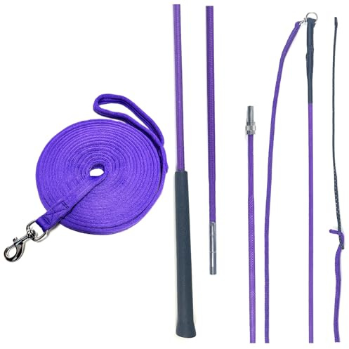 JA Horse JA0041 Longier-Set Longierpeitsche Longierleine, Lila, 180 cm | Komplettes Longier-Set: Platzsparende 2-teilige Longierpeitsche (180/200 cm) & extra weiche 8m Pferdelonge Transporttasche