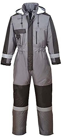 Portwest S585 Mens Hi Vis Waterproof Winter Overalls Quilt Lined Thermal Boiler Suit 300D Oxford Taped Seams Reflective Double Knee for Construction Highways Rail Outdoor, Grey, L