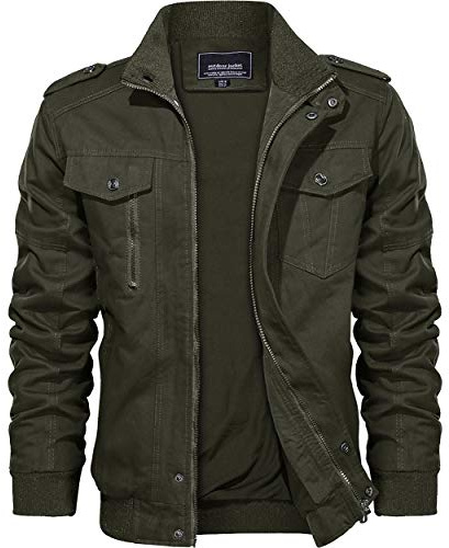KEFITEVD Men's Jackets Bomber Military Cargo Coat Smart Casual Jacket Stand Collar Cotton Outerwear with Multi Pockets