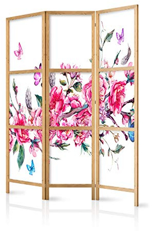 murando - Paravent Raumteiler Holz Blumen, 135x172 cm, 3-teilig, Wohnzimmer | Mobiler Sichtschutz, sofort einsatzbereit, Holzrahmen, ideal fürs Wohnzimmer oder Büro, geruchsneutral, lichtbeständig