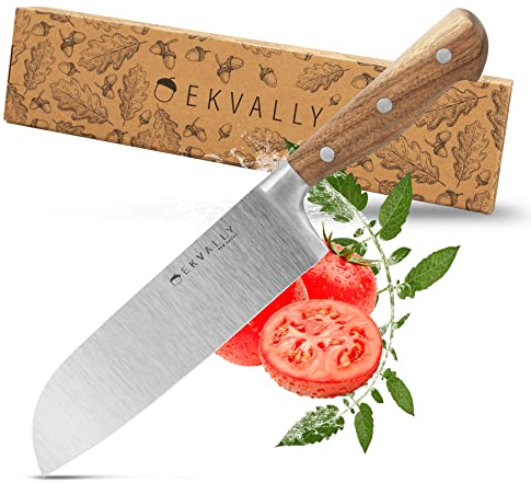 EKVALLY Vän Santoku Messer Kochmesser Küchenmesser asiatisches Chefmesser scharfes Edelstahlmesser rostfreies Kochmesser Fingerschutz Klinge 17,5cm Echtholzgriff in schöner Magnetbox