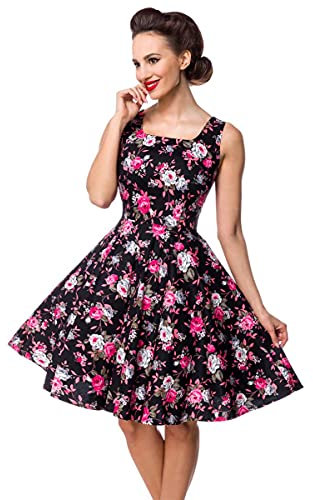 Schwarzes knielanges Swing Kleid im High Waist Schnitt mit Tellerrock und U-Boot-Ausschnitt und rot Blumen-Muster Bindegürtel Teilungsnaht L