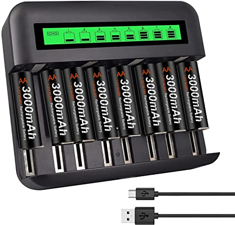 CITYORK AA AAA C D Ladegerät mit 8 Stück 3000mAh wiederaufladbaren AA Batterien, Hochleistungsakku und Ladegerät Set 18 Monate Garantie (Aussehen kann variieren)