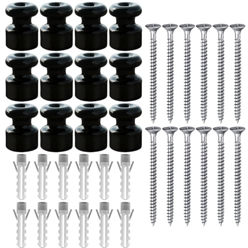 OASHISU 12 Stück Isolatoren aus Porzellan für Textilkabel Schwarz Vintage | Porzellanisolatoren Aufputz Kabelhalter Kabelführung Wandpins Wand und Deckenpins Ø18mm Keramik-Isolatoren Isolatoren Keramik