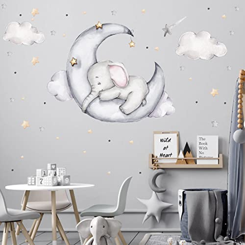WANDKIND Elefant auf dem Mond Wandtattoo V311 | handgezeichnet | AUFKLEBER Kindergarten | Wandsticker Kinderzimmer Elefanten mit Sterne Elephant Halbmond (75 x 75 cm)