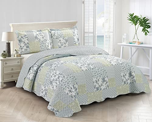Brilliant Sunshine Multi Blue and Beige Floral Patchwork, 3-teiliges Bettwäsche-Set mit 2 Kissenbezügen, wendbare Tagesdecke, weiche, leichte Bettdecke, alle Jahreszeiten, Full/Queen, Blau Weiß