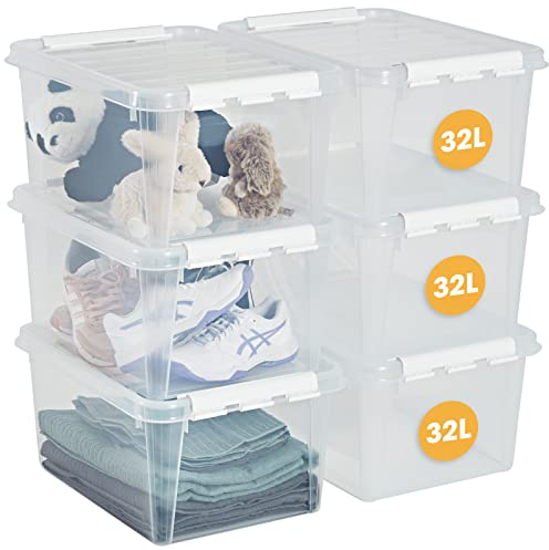 SmartStore Scatole di stoccaggio in plastica da 31L con coperchi Set di 6 Impilabili e Sovrapponibili - Garanzia di 10 Anni - Sicure per Alimenti - Chiusura con Clip - L50 x P39 x A26 cm
