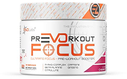 EVOLabs® PrEVOrkout Focus Pulver 221g Pre-Workout Booster – Pump&Gaming Booster mit N-Acetyl-L-Cystein, Beta-Alanin, Guarana, Taurin&Siberian Ginseng – Trainingsbooster (Cherry)