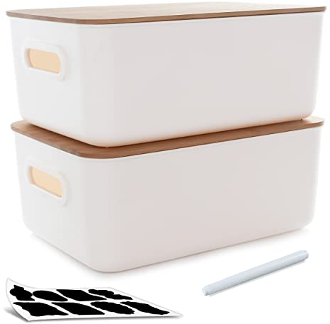 Kerhouze 2 PCS Scatola di immagazzinaggio con coperchio in bambù Impilabile piccola scatola di plastica con maniglia per la cucina camera da letto 28.5 * 27.1 * 15.2cm,13L