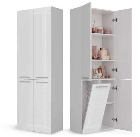 CDF Badezimmerschrank Bad Schrank Mit Wäschekorb Weiß Glänzend Badschrank | Mehrzweckschrank Badregal Stehend Hochschrank Schublade Tür Bodenschrank Allzweckschrank 1 Wäschekorb 174 x 60 x 30