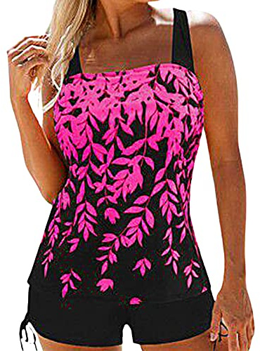 Women's Swimming Two Piece Tankini Sets Push up Tummy Control High Waisted Swimsuits 2 Piece Swimwear Bathing Suit Beach Wear Tankini Top with Shorts for Ladies (bobo Bikini Rose Red, XL)