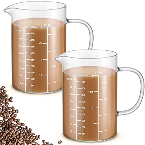 Roshtia 2 Pcs 2 Cup 500 ML Glass Measuring Cup with Insulate Handle V Shaped Spout High Borosilicate Glass Measuring Beaker 3 Scales (OZ, Cup, ML/CC) for Kitchen Restaurant Home, Easy to Read, 16 OZ