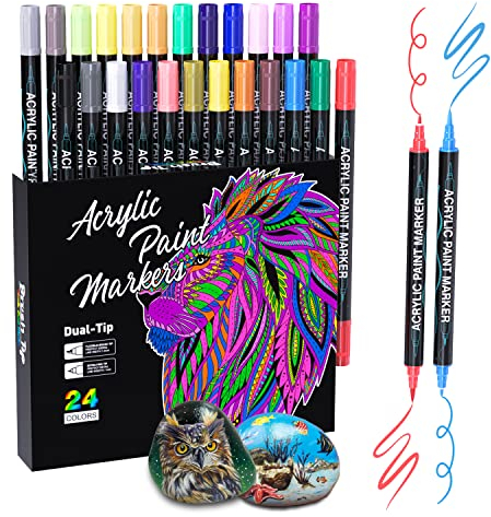 Sonlaryin Acrylstifte Marker Stifte 24 Farben, Doppelspitze Acrylstifte für Steine Wasserfest, Acrylmarker Set für Holz, Glas, Papier, Keramik, Leinwand, Erwachsene Geschenke Ostern Basteln