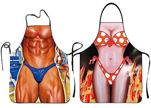 Anzhee 2 Stücke Sexy Männer Schürze kreative Kochschürze Küchenschürze Grillschürze Lustige Motiv Schürze für Herren Damen Party Kostüm Lustige Schürze für Freund Neues lustiges Latzschürze Geschenk