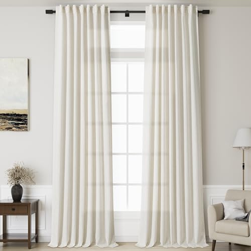 Nanspring 144 Inch Long Curtains 2 Panels for Living Room Back Tab Neutral Farmhouse Extra Long Drapes Semi Sheer Linen Curtain 144 inches Long for Floor to Ceiling High Window Patio Sliding Door