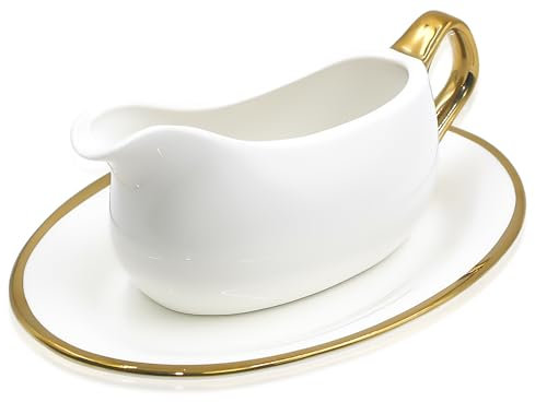Cheardia Salsera de 14 onzas con bandeja, bote de salsa de cerámica blanca con borde dorado, mango ergonómico y boquilla grande sin goteo para aderezos de ensalada, crema, caldo, pimienta negra