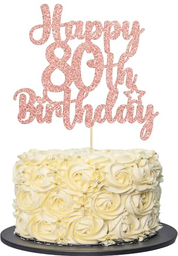 Gyufise 1Pc Happy 80th Birthday Cake Topper Glitter Cheers to 80 Years Old Birthday Cake Pick for Happy 80th Birthday Anniversary Party Cake Decorations Supplies Rose Gold