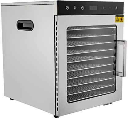 Deshidratador de acero inoxidable, deshidratador de 800 W con regulación de temperatura (30-90 ℃) y temporizador de 0,5 – 24 horas, 10 bandejas de acero inoxidable para secar carne, verduras y frutas