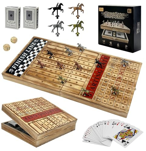 Large 23 inches Horse Racing Board Game with 11 Luxury Metal Horses, Foldable Wood Horse Race Board Game with 2 Sets of Dice, 2 Boxes of Cards for Parties and Gambling