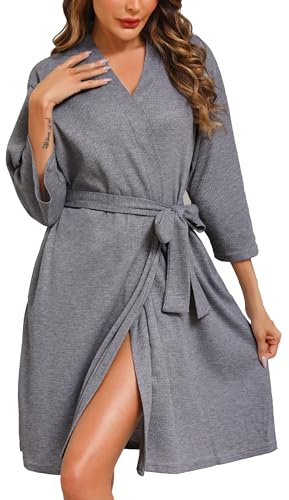 Lovasy Albornoces De Casa Mujer Manga 3/4 Kimono Waffle Albornoz para Mujer Nido Abeja Respirable Ropa De Dormir Con Cinturón Y Bolsillos,Gris,S