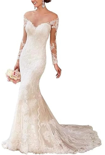 SEVENYXX Vestido de Novia de Manga Larga, Encaje de Sirena, Espalda Abierta, Marfil, 58
