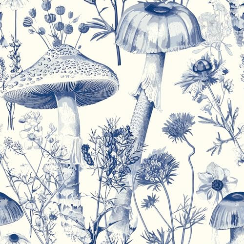 ReWallpaper Papier Peint Adhesif Mural Beige Vinyle Adhesif Motif Champignon Bleu Papier Autocollant pour Meuble Vintage Fleuri Papier Peint Chambre Adulte Salon Beige Décoratif Nature 44.5cm×3m
