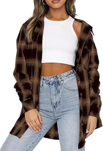 LACOZY Chemise à carreaux en flanelle à manches longues surdimensionnée Buffalo avec col boutonné pour femme, kaki, L