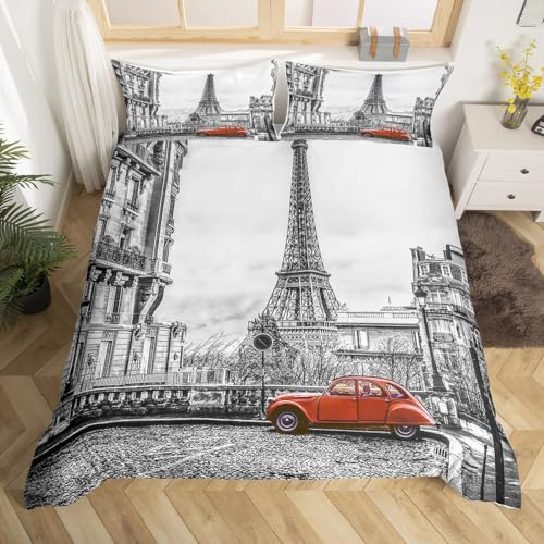 Homemissing Tour Eiffel - Parure da letto con motivo Parigi Torre Eiffel, copripiumino 200 x 200 cm, set di biancheria da letto, grigio rosso, vista della città di Parigi moderno, decor,