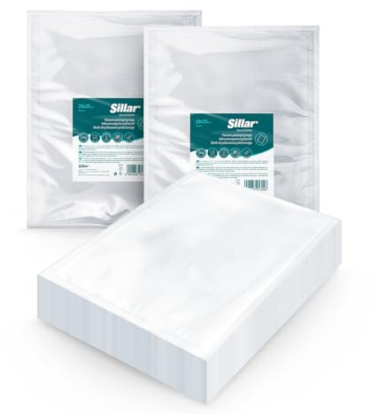 Sillar Sacchetti Sottovuoto 100 pezzi 20x25cm per Alimenti per Macchine Sottovuoto, Sacchetti Sottovuoto Goffrati per La Conservazione Degli Alimenti e La Cottura Sottovuoto, Senza BPA, -20 a 100°C