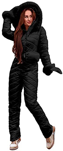 Skioverall Damen Einteiler Skianzug Einteiler Mädchen Mit Kunstfellkapuze Skianzüge Einfarbige Snowboardjacke Extrem Winteranzug Mit Skihandschuh Skisack Softshell-Mantel Jumpsuit Kapuzenjacke